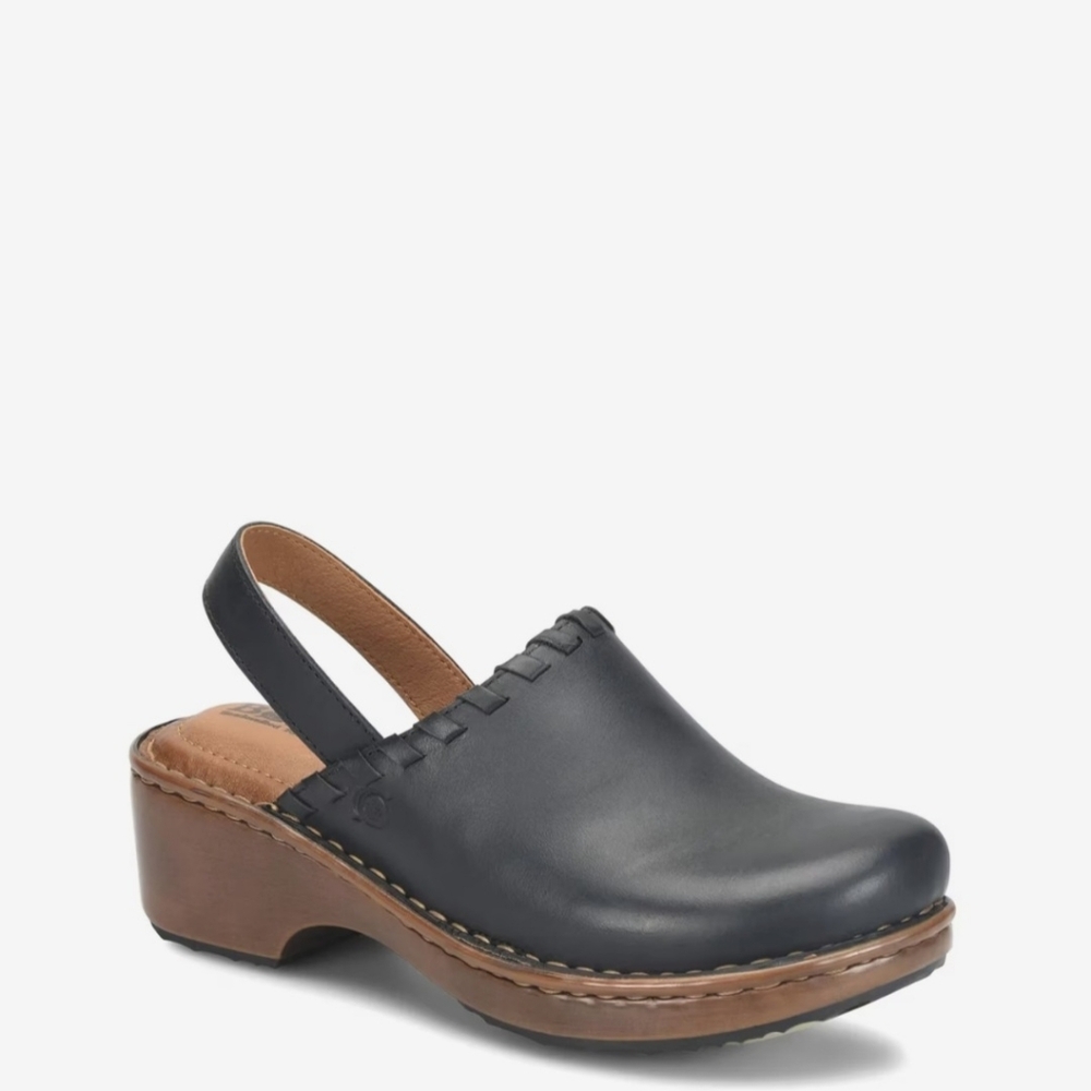 Born Black Leather Slingback Clog with Brown Wood-Tone Sole